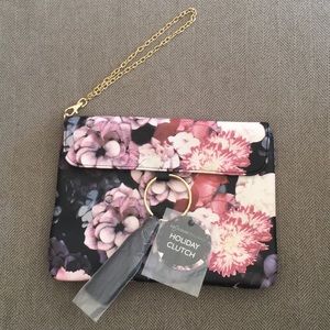 Floral print clutch w wrist chain